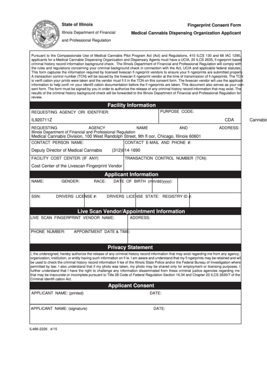 Form Il486-2226 - Fingerprint Consent Form Medical - Cannabis Dispensing Organization Applicant - Illinois Department Of Financial And Professional Regulation Printable pdf