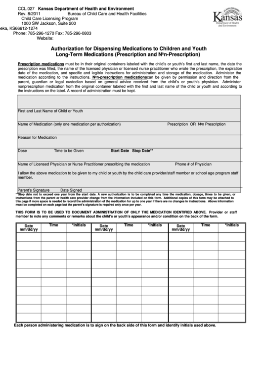 Authorization For Dispensing Medications To Children And Youth Long-Term Medications (Prescription And Non-Prescription) - Kansas Department Of Health And Environment Printable pdf