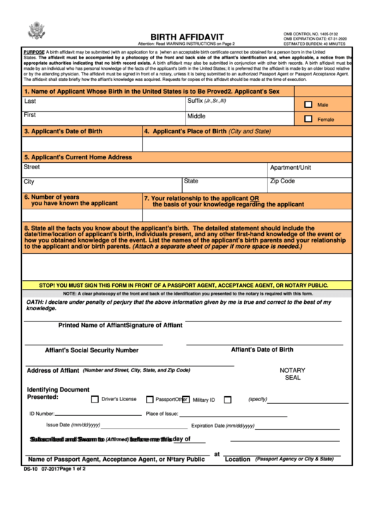Form Ds-10 - Birth Affidavit - Us Department Of State Printable pdf