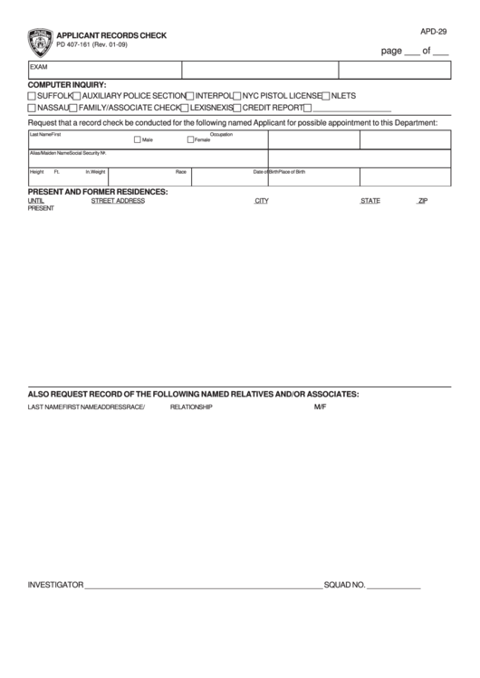 Fillable Form Apd-29 - Applicant Record Check Printable pdf