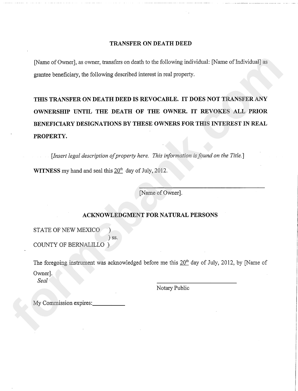 Sample Transfer On Death Deed Form printable pdf download