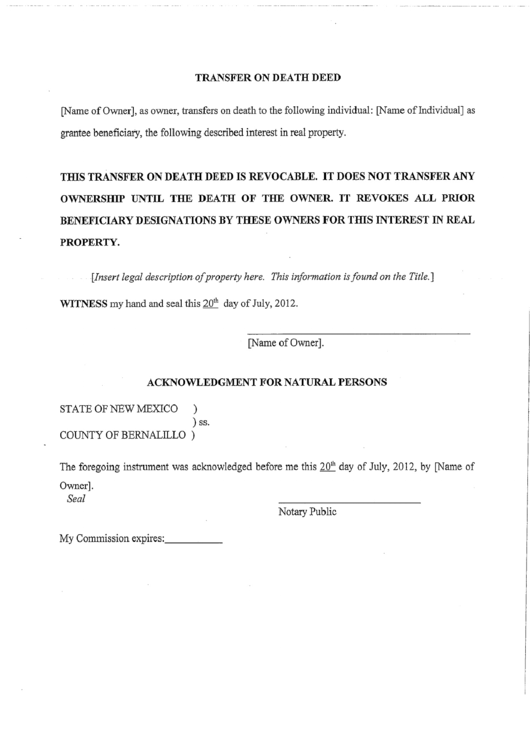 Sample Transfer On Death Deed Form Printable pdf