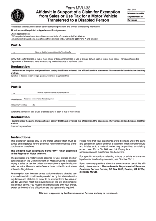 Form Mvu-33 - Affidavit In Support Of A Claim For Exemption From Sales Or Use Tax For A Motor Vehicle Transferred To A Disabled Person - Massachusetts Department Of Revenue Printable pdf