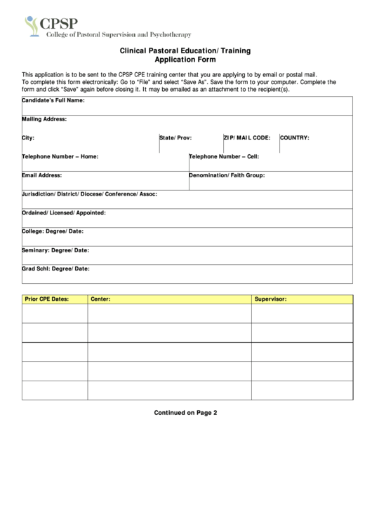 Cpsp Form - Clinical Pastoral Education / Training Application Form