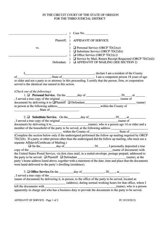 Affidavit Of Service - Circuit Court Of The State Of Oregon Printable pdf