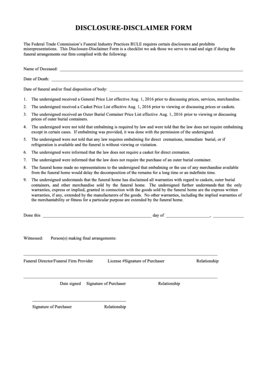 Fillable Disclosure-Disclaimer Form Printable pdf
