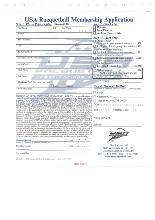 Usar Racquetball Membership Application Form Printable pdf