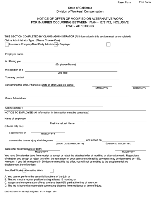 Fillable Form Dwc-Ad 10133.53 - Notice Of Offer Of Modified Or Alternative Work - State Of California Printable pdf