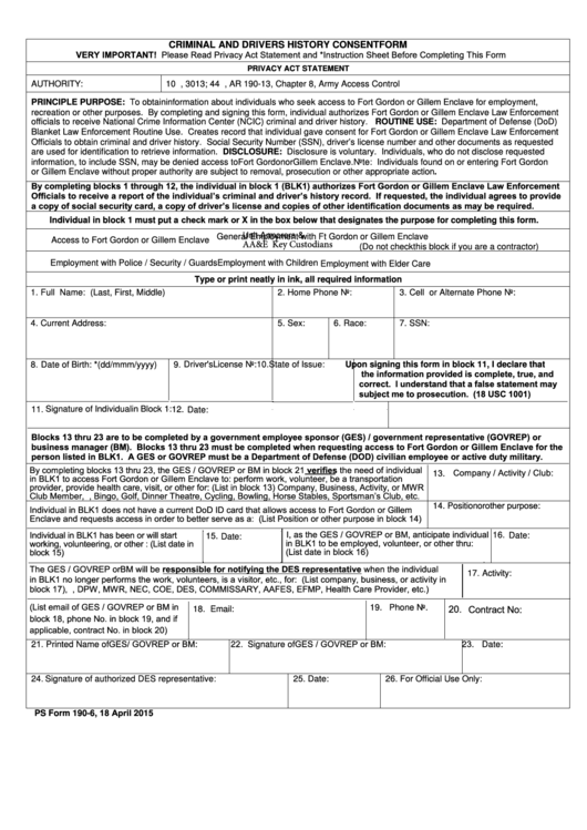 Fillable Ps Form 190 6 April 2015 Criminal And Drivers History Consent Form Printable Pdf Download 6686