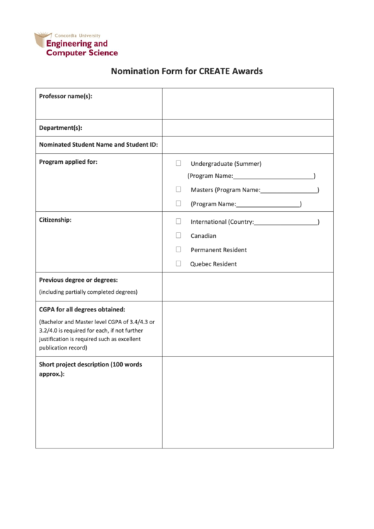 Nomination Form For Create Awards Printable pdf