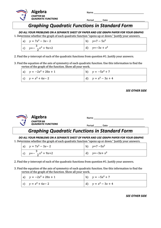 Graphing Quadratic Functions In Standard Form Math Worksheet
