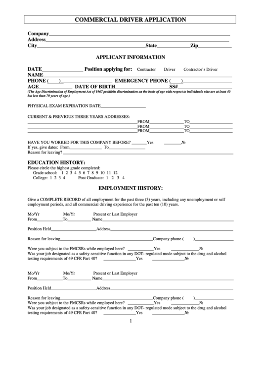 Commercial Driver Application Printable pdf