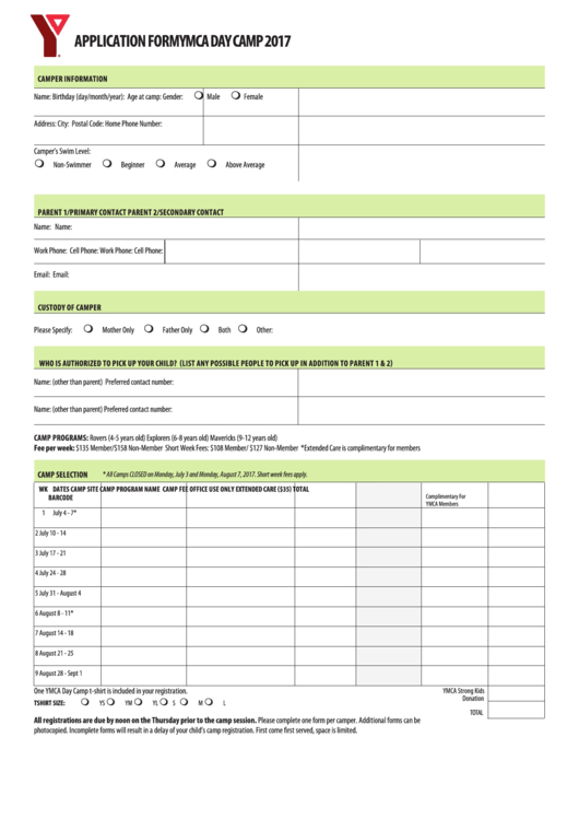 Application Form Ymca Day Camp - 2017 Printable pdf