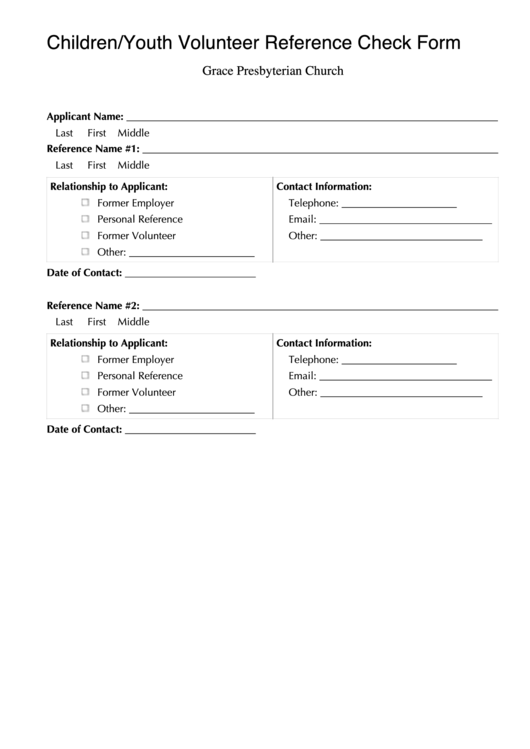 Children/youth Volunteer Reference Check Form - Grace Presbyterian Church Printable pdf