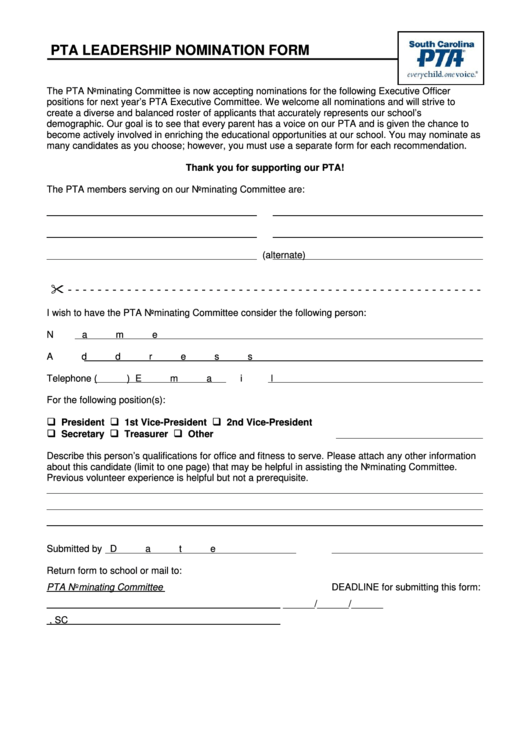 Pta Leadership Nomination Form Printable pdf