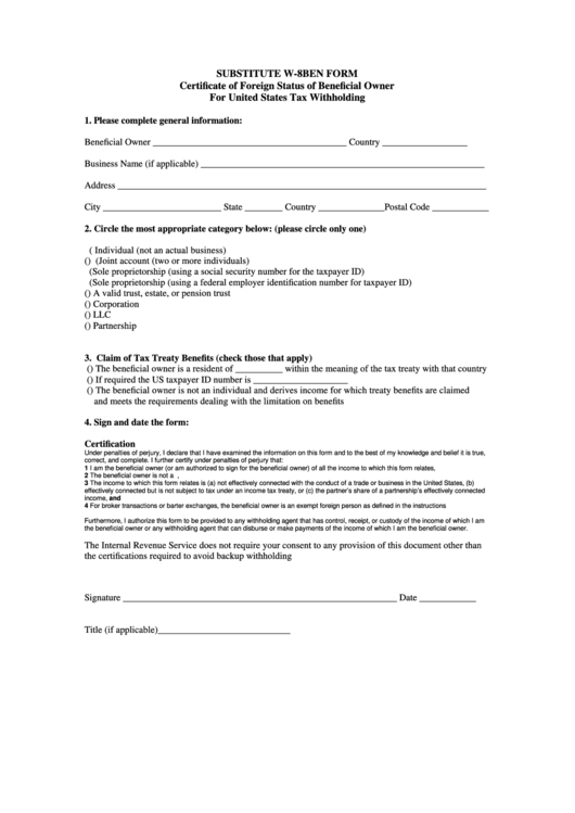 Substitute W-8ben Form - Certificate Of Foreign Status Of Beneficial Owner For United States Tax Withholding Printable pdf