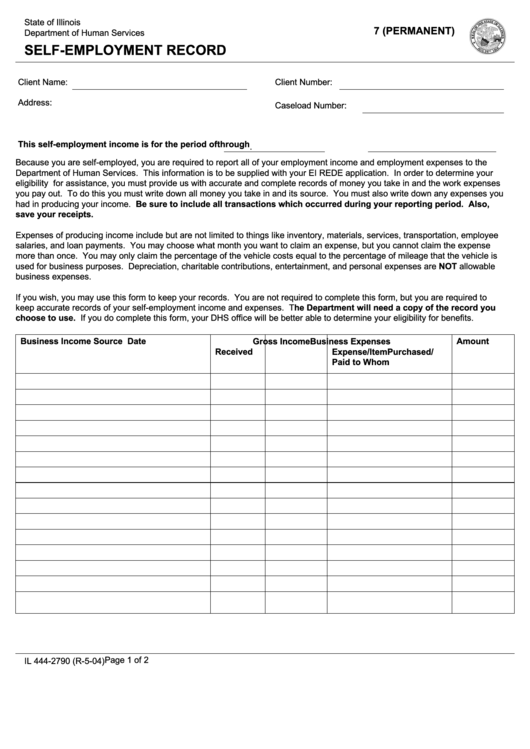 Fillable Form Il 444-2790 - State Of Illinois Department Of Human Services Self-Employment Record Printable pdf