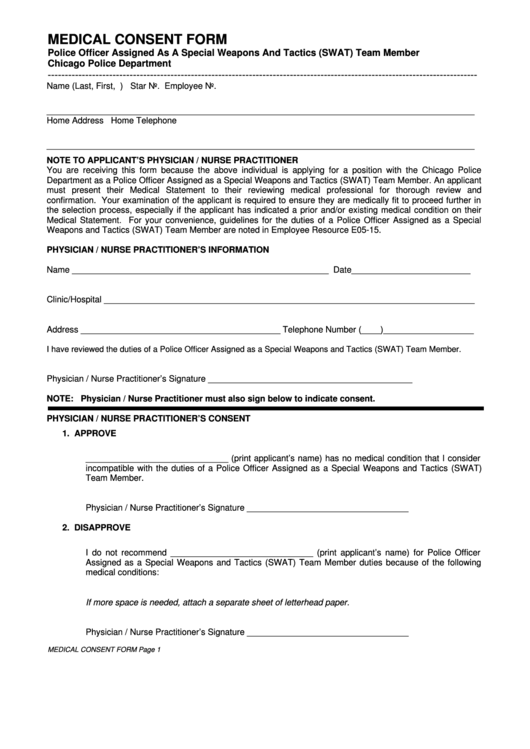 Medical Consent Form - Police Officer Assigned As A Special Weapons ...