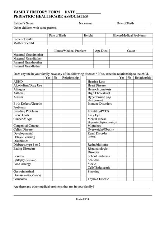 Family History Form - Pediatric Healthcare Associates Printable pdf