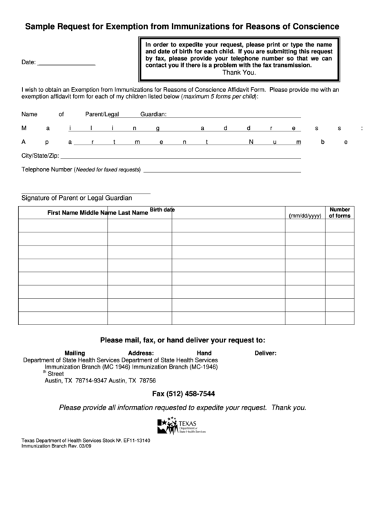Sample Request For Exemption From Immunizations For Reasons Of Conscience Printable pdf