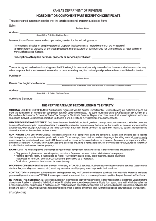 Fillable Form St-28d - Kansas Department Of Revenue Ingredient Or Component Part Exemption Certificate Printable pdf