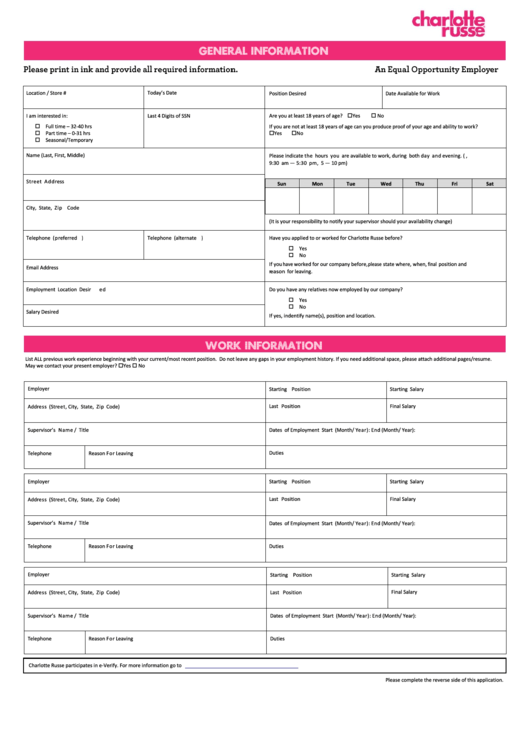 Charlotte Russe Job Application Form - Job Application Review Printable pdf