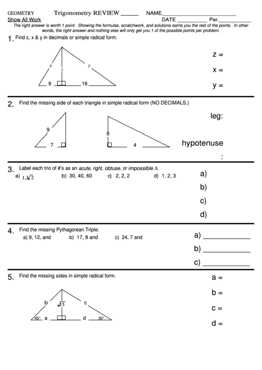 Trigonometry Review Printable pdf