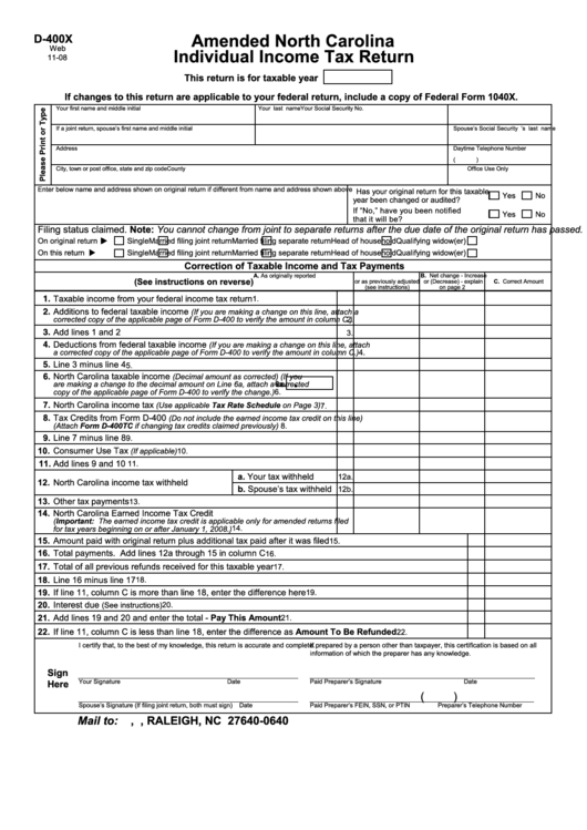 Amended North Carolina Individual Income Tax Return Printable pdf