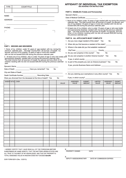 Fillable Dor Form 82514 - Affidavit Of Individual Tax Exemption Printable pdf