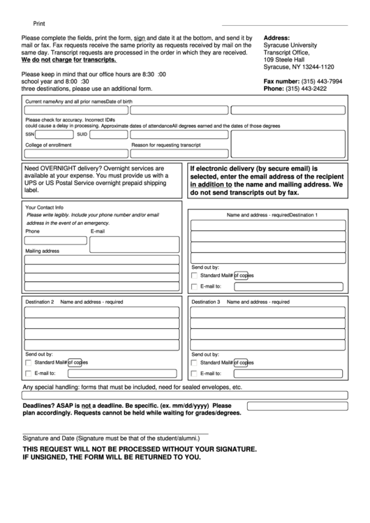 Fillable Transcript Request Form - Office Of The Registrar - Syracuse University Printable pdf