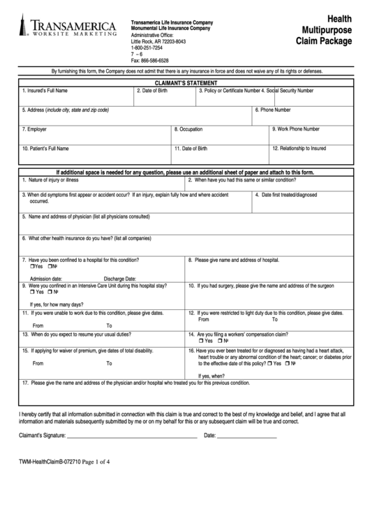 Fillable Transamerica Accident Claim Form Printable pdf