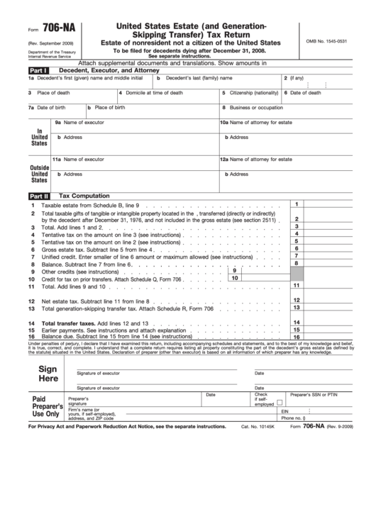 Fillable Form 706-Na 2009 - United States Estate (And Generationskipping Transfer) Tax Return Printable pdf