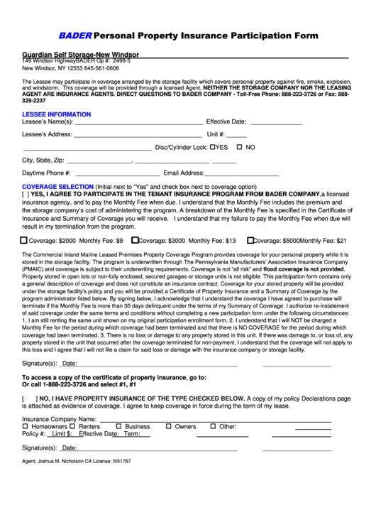 Bader Personal Property Insurance Participation Form Printable pdf