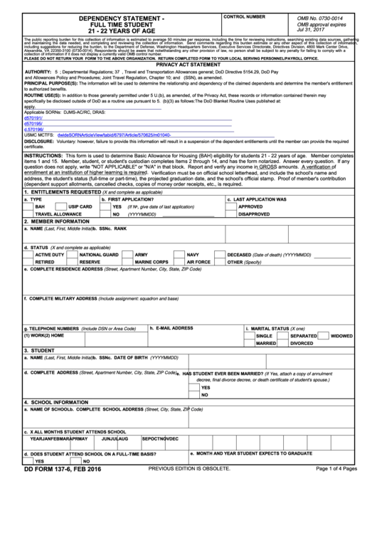 Fillable Dd Form 137-6, Dependency Statement - Full Time Student 21 - 22 Years Of Age Printable pdf