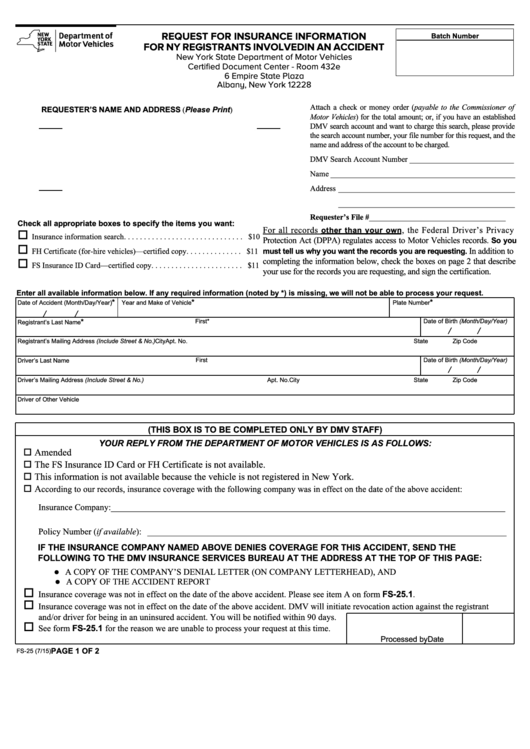 Form Fs-25 - Request For Insurance Information For Ny Registrants Involved In An Accident Printable pdf