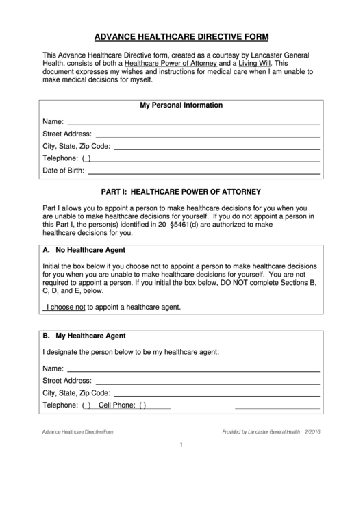Advance Healthcare Directive Form - Lancaster General Health Printable pdf