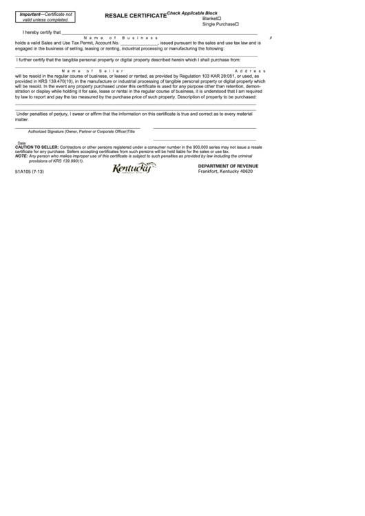 Form 51a105 - Kentucky Department Of Revenue - Resale Certificate Printable pdf