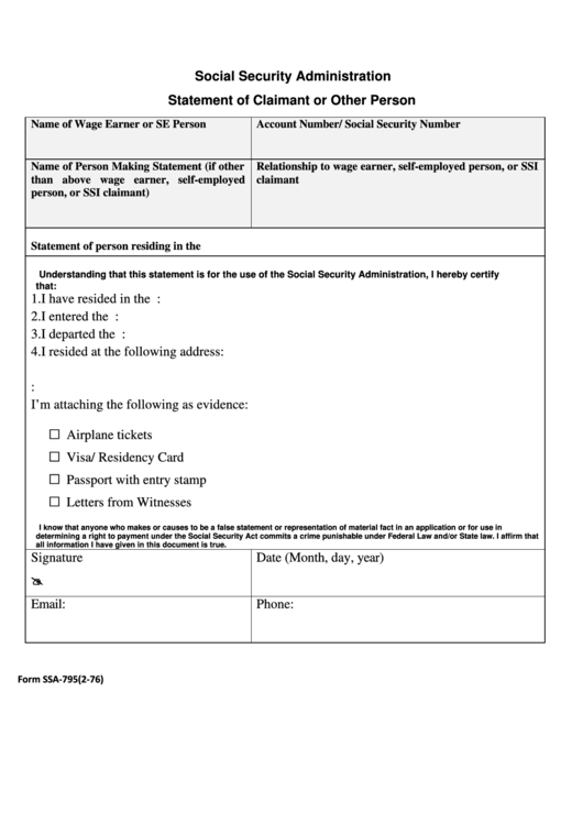 Form Ssa-795 - Social Security Administration Statement Of Claimant Or Other Person Printable pdf
