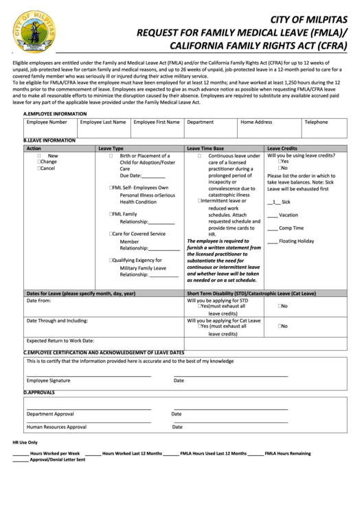 Fillable City Of Milpitas Request For Family Medical Leave (Fmla)/ California Family Rights Act (Cfra) Printable pdf