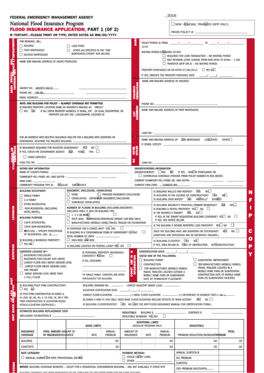 Fema Form 086-0-1 - Flood Insurance Application - 2016 Printable pdf
