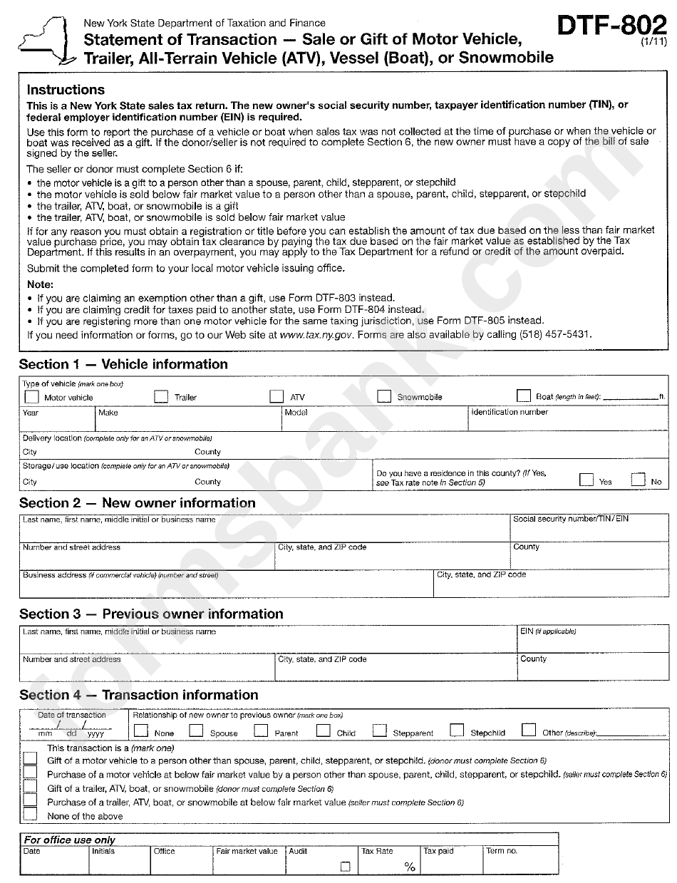 Form Dtf-802 - Statement Of Transaction - Sale Or Gift Of Motor Vehicle, Trailer, All-Terrain Vehicle (Atv), Vessel (Boat), Or Snowmobile - New York