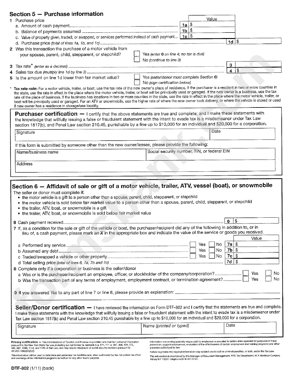 Form Dtf-802 - Statement Of Transaction - Sale Or Gift Of Motor Vehicle, Trailer, All-Terrain Vehicle (Atv), Vessel (Boat), Or Snowmobile - New York