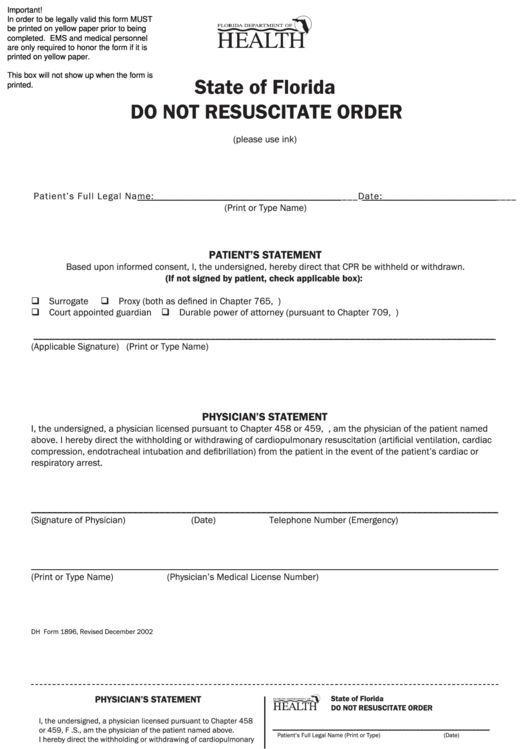 Do Not Resuscitate Order - Florida Printable pdf