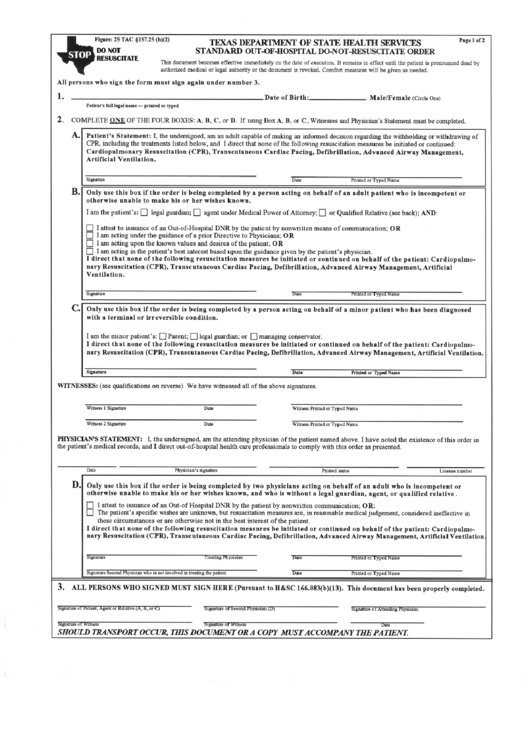 Texas Department Of State Health Services Standard Out-Of-Hospital Do-Not-Resuscitate Order Printable pdf