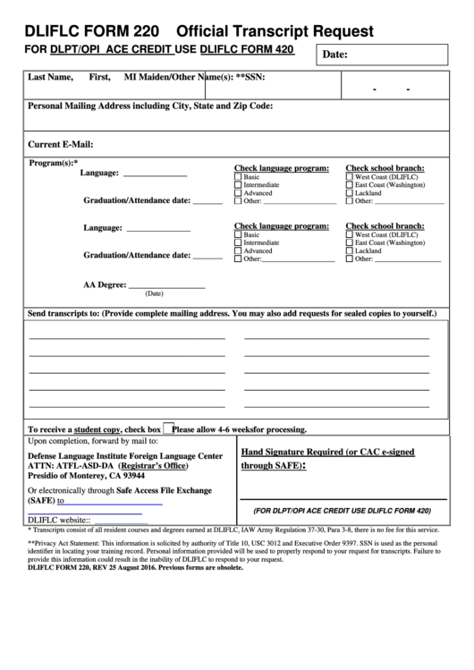 Dliflc Form 220 - Official Transcript Request Printable pdf