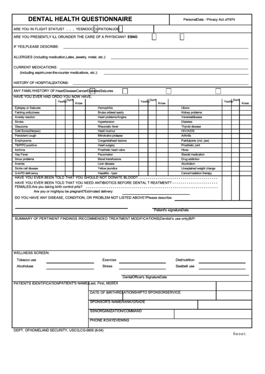 Fillable Dental Health Questionnaire Printable pdf