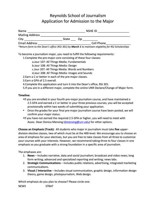 Application For Admission To The Major Printable pdf