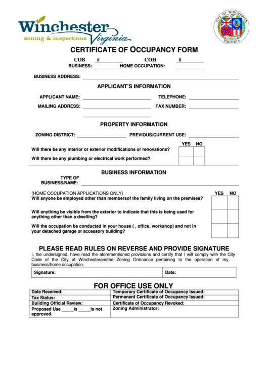 Certificate Of Occupancy Form Printable pdf