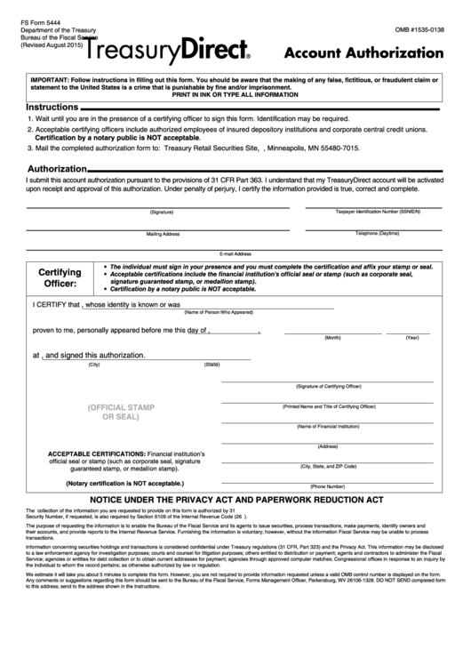 Fs Form 5444 - Account Authorization Printable pdf