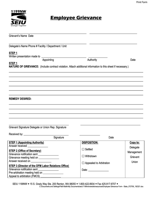 Fillable State Employee Grievance Form Printable pdf